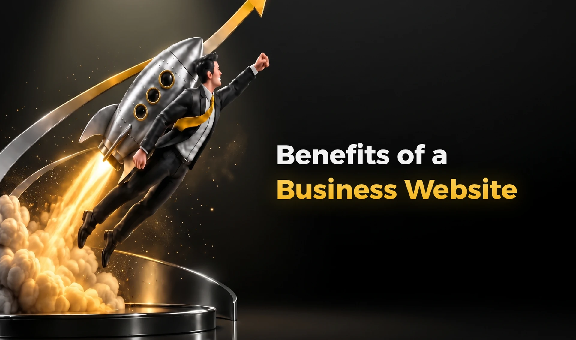 A businessman launching a rocket, symbolizing company success and the benefits of building a business website