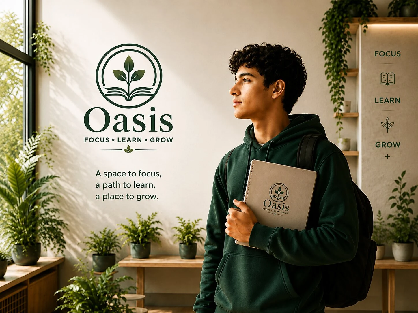 هوية بصرية لمقهى الدراسة Oasis: الشعار على الجدار وعلى دفتر طالب