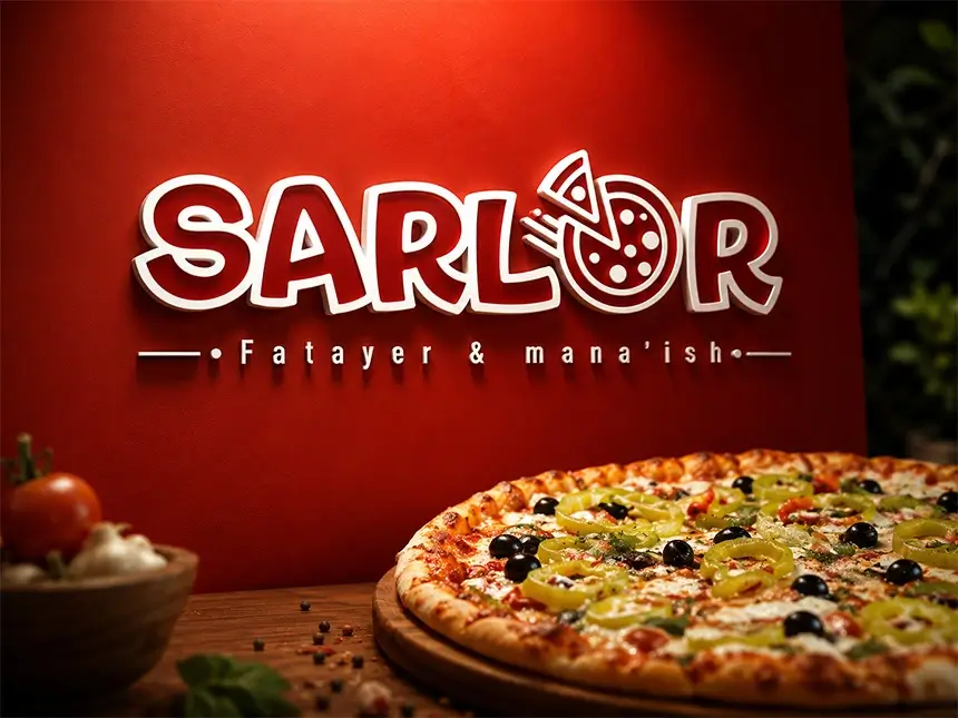 شعار مطعم Sarlor للفطائر والمناقيش على جدار أحمر بجانب بيتزا